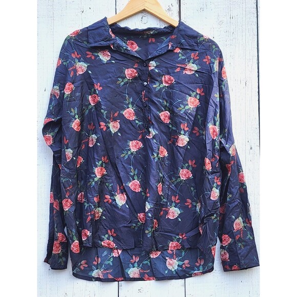Johnny Was Women Navy Rose Collared Long Sleeve Silk Button Up Shirt L / XL READ - Picture 4 of 4